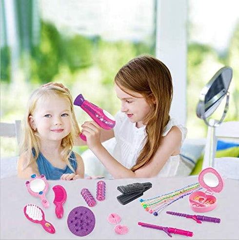 Little Girls Beauty Hair Salon Toy Kit with Toy Hairdryer, Mirror & Other Accessories, Fashion Pretend Makeup Set for Kids...
