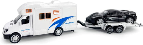 Toy Camper RV Trailer Towing Supercar Sports Model Car Diecast Motorhome Toys for Boys Pull Back Toy Cars, Beach Sandbox Outdoor Adventure Play Se...