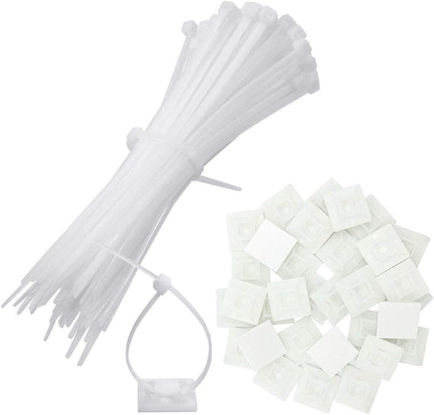 100 Pack Adhesive Cable Tie Mount Zip Ties Wraps 150mm x 3.6mm White Self Wire Tie Base Holder for Home Office Garage and Workshop...