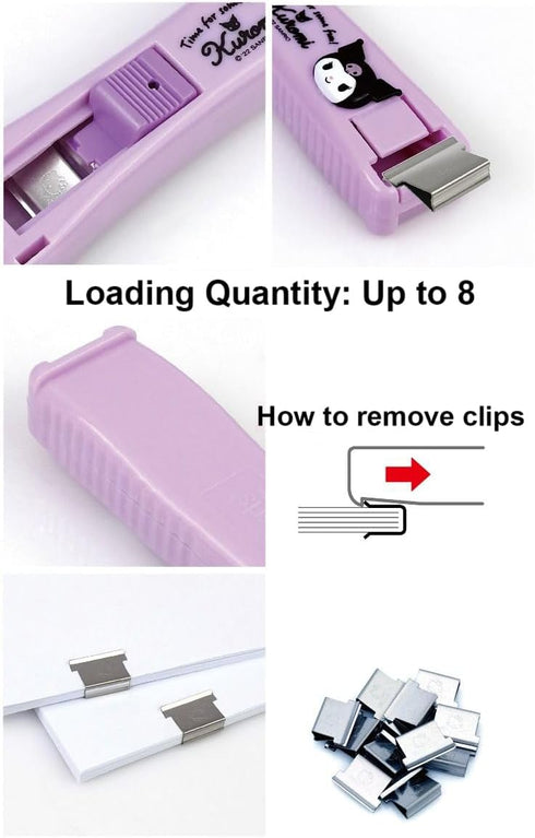 Clamp Clip Dispenser Stapler Cute Animal Faced Reusable Kuromi Clip Dispenser/Portable Handheld Paper 3 Metal Refill Clips Purple Black Rabbit...
