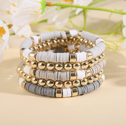 5-7PCS Surfer Colorful Clay Beads Stretch Bracelets Bohemian Stackable Gold Beads Vinyl Disc Elastic Bracelets Multilayer Summer Beach Jewelry Set...