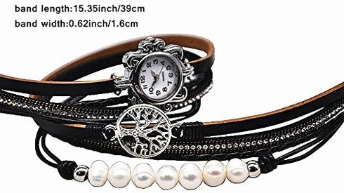 Vintage Casual Women Leather Watch Feather Pearl Wish Tree 2 x Wrap Around Girl Watch Cuff Bangle with Magnetic Clasp...