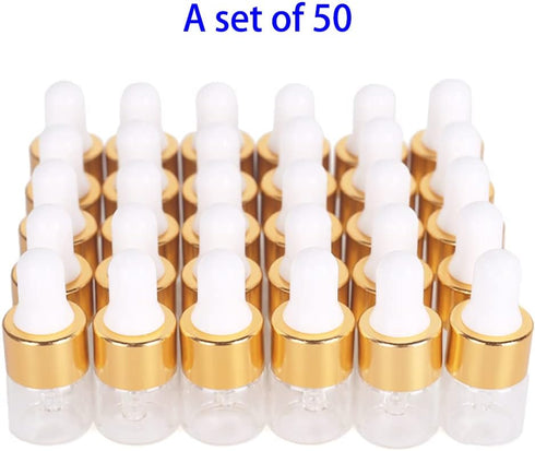 50 Clear glass Dropper Bottle 1/3/5ML Essential Oil dropper Bottle and Measuring Pipette Golden Bottle with Lid Empty tincture Bottle Perfume Cosm...