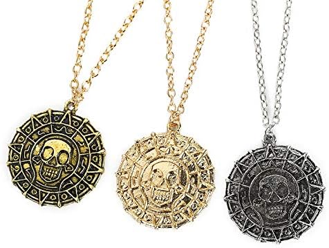 Mystart Pack of 3 Pirates of The Caribbean Necklace Aztec Skull Coin Medallion Necklace...