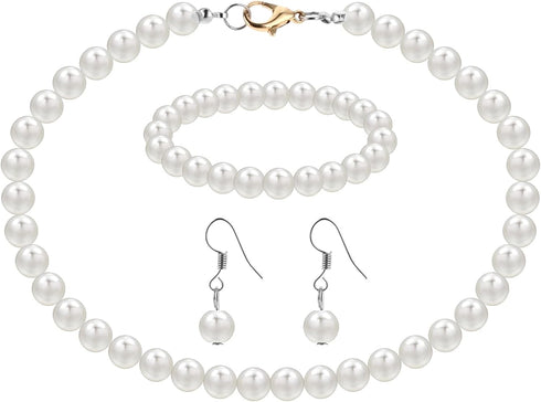 Pearl Jewelry Set for Women, 8mm White Pearl Necklace Fake Pearl Wedding Necklace 3 Pcs Simulated Faux Pearl Necklace Bracelet Earrings Set Costum...