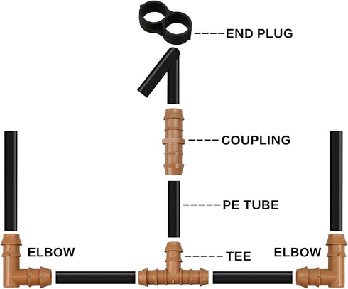 28P Drip Irrigation Fittings Kit (17mm) for 1/2" Tubing (.600" ID), 10 Couplings, 6 Tees, 6 Elbows and 6 Tubing End Closure - Barded Connectors fo...