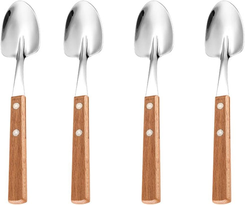Retro Wooden Handle Spoon,Shovel Shape Stainless Steel Spoons,Ice Cream Fruit Spoon, Silver Silverware With Brown Handle, 4 Pcs....
