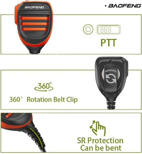 BAOFENG BF-F8HP Microphone Speaker Dual PTT Handheld Mic Waterproof Upgrade of Original BF Mic for GMRS Ham Radio 2Pin K Orange Compatible with UV...