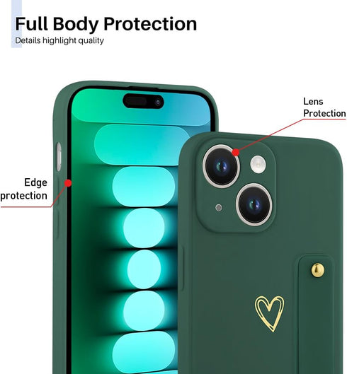 Phone Case Compatible with iPhone 15 Plus 6.7 Inch for Women Girls, Cute Gold Love Heart Pattern with Wrist Hand Holder Stand Slim Soft Silicone S...