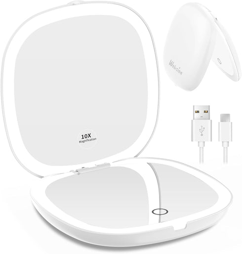 wobsion Travel Mirror with Light, Rechargeable 1x/10x Compact Magnifying Mirror, Dimmable Pocket Mirror,Handheld 2-Side Mirror with Light,4inch Tr...