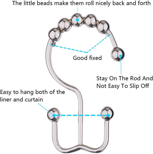 DAWNER Shower Curtain Hooks, Rust Proof Metal Easy Glide Double Rings, Stainless Steel Hangers for Bathroom Curtains, Set of 12, Brushed Nickel...