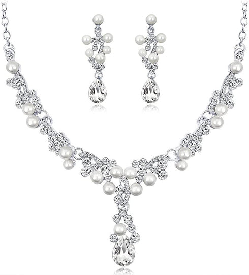 Bride Crystals Rhinestones Pearls Necklace Earrings Set Bridal Wedding Jewelry Sets Rhinestone Choker Necklace Prom Party Costume Jewelry Set for ...