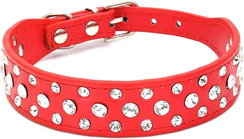 Rhinestone Dog Collar, Bling Rhinestone PU Leather Crystal Diamond Pet Dog Cat Puppy Collar S M L XL (XS, Red)...