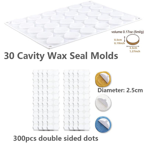 Wax Seal Silicone Mat for Wax Sealing Stamp, 30 Cavity Wax Seal Molds with 300Pcs Removable Sticky Adhesive Dots for DIY Craft Adhesive Waxing Sta...