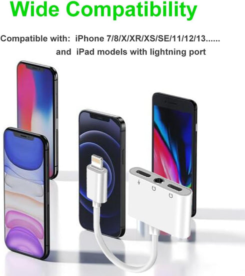 3 in 1 Headphone Adapter for iPhone, Lightning to 3.5 mm Headphone Jack Adapter, Lightning Audio & Charging Adapter Dongle Cable Splitter Compatib...