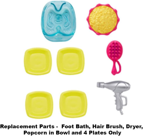 Mattel Replacement Barbie Size Foot Bath, Hair Brush and Dryer, Popcorn in Bowl and 4 Plates for Barbie Malibu Dollhouse Playset - FXG57, Yellow, ...