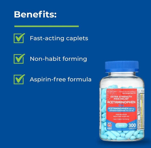Rite Aid Extra Strength Pain Relief Acetaminophen PM Caplets, 500mg Acetaminophen / 25mg Diphenhydramine - 300 Count - Nighttime Pain Reliever + S...