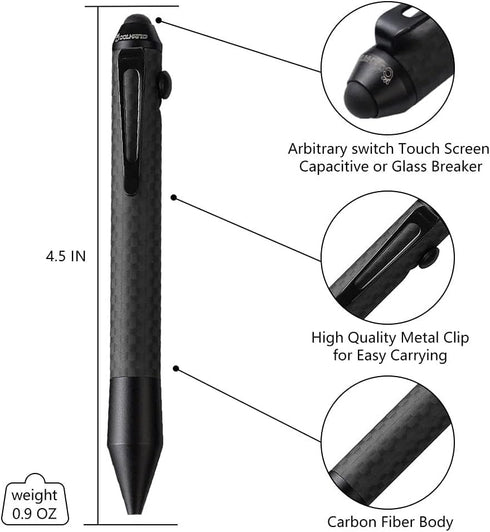 Cool Hand 4.5'' Bolt Action Pen with Stylus for Touchscreen, Rocket Style Carbon Fiber Body, Ballpoint Pen w/Pocket Clip, Classic Black...