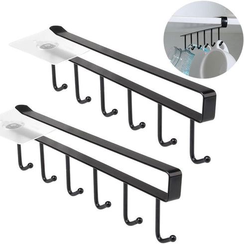 2 Pack Storage Mug Hooks Rack Under Cabinet Each with Fixed Sticker, 6 Hooks Cup Holder Hanger, Ties Belts Scarf Hanging Hook Rack, Mug Hook Hange...