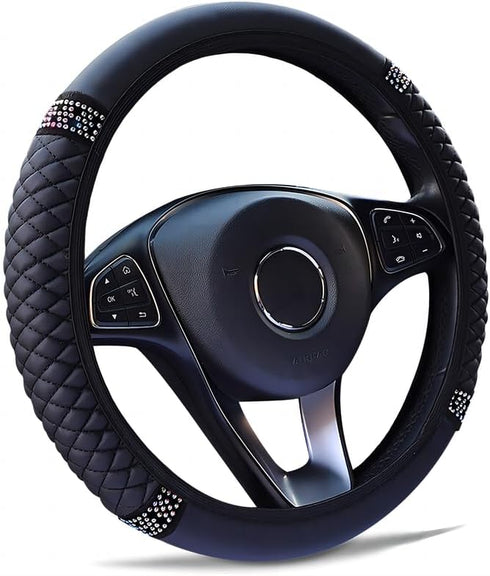 Soft Leather Car Steering Wheel Cover with Sparkly Crystal Diamond, Universal 15 Inch Colorful Rhinestones Elastic Steering Wheel Covers for Women...