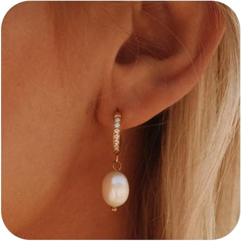 CHESKY Pearl Hoop Earrings for Women, Trendy 14k Gold Plated Hoop Earrings Chunky Pearl Drop Earrings for Women Hypoallergenic Gold Pearl Dangle H...
