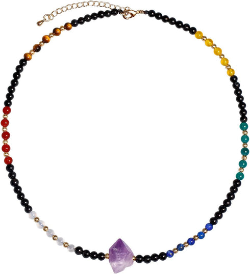Drusy Quartz Amethyst /7 Chakra Beaded Choker Necklace for Women Real Healing Crystals and Gemstone Yoga Meditation Reiki Spiritual Jewelry for Wo...