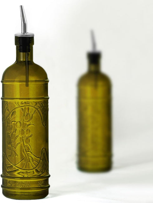 Couronne Company Olive Branch Recycled Glass Oil or Vinegar Bottle with Pour Spout, , 11 Inch Tall, 16.1 Ounce, Vintage Green, 1 Piece, 475ml...