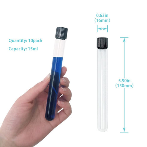 10pcs 16x150mm Glass Test Tubes, 15ml Boro Clear Propagation Tube for Plants, Tube Vials Container with Black Screw Cap, Scientific Experiment Can...