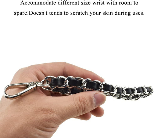 HAHIYO 7.9 inches Length 12mm Width Chain Strap Wristlet Black Leather Intertwined with Silver Chain Prevent Snag Easy Match Purse Accessories Rep...