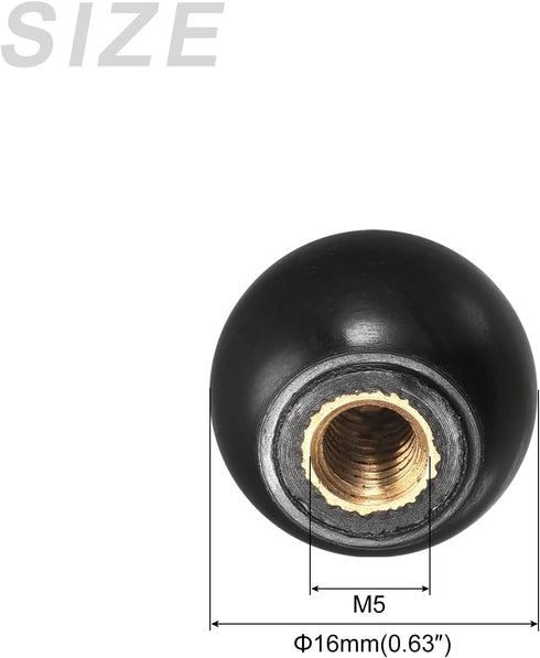 Threaded Ball Knobs (16mm/0.63") 6Pcs, Plastic Ball Lever Knob with M5 Female Thread Iron Insert - for Machine Handle Tool Replacement, Black...