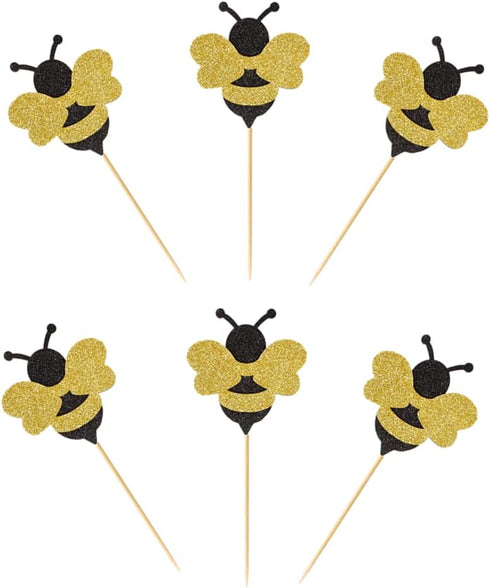 24 Pack Glitter Bumble Bee Cupcake Toppers for Gender Reveal Party Decorations and Baby Shower Party Decorations...