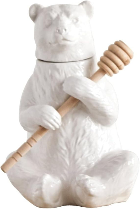 Creative Co-Op White Bear Shaped Honey Pot with Lid & Bamboo Dipper...