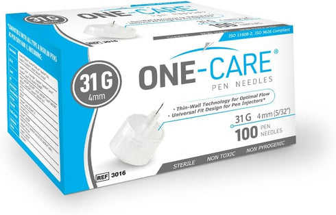 ONE-CARE Pen Tips 31G x 5/32’’ (4mm), Universal Fit, Optimal Skin-Contact for Comfort, Sterile, 100/bx...