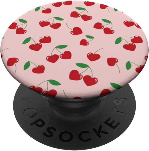 Funny And Cute Pink Smiling Cherry Hearts Pattern For Girls PopSockets Standard PopGrip...