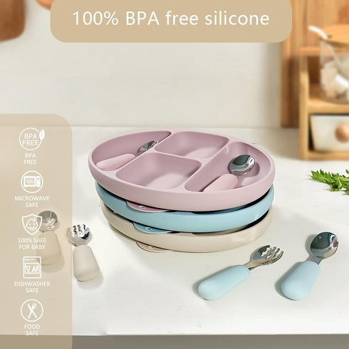 Divided Food Feeding Bowl Silicone Baby Dishes Kid Dinner Suction Baby Silicone Tableware Plate Bowl Spoon Fork Set BPA Free Non Toxic Eco Friendl...