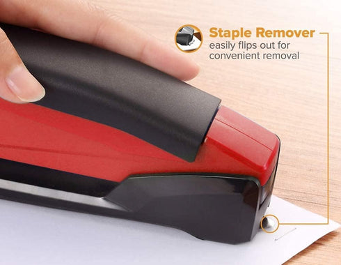 Bostitch Stapler with 1260 Staples - InPower Red Spring Powered Stapler - Built-in Staple Remover - Staple Storage Compartment - One Touch Heavy D...