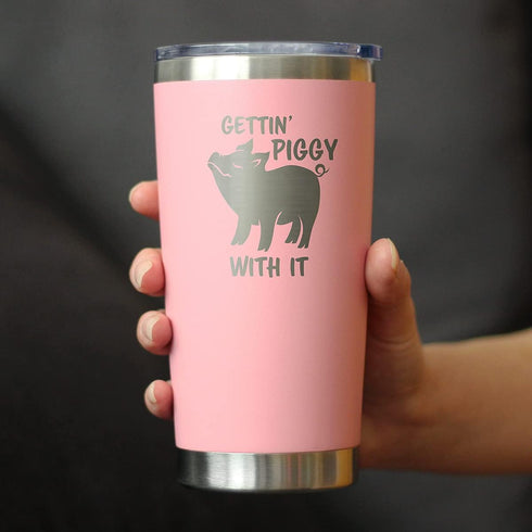 Bevvee Gettin Piggy - Insulated Coffee Tumbler Cup with Sliding Lid - Stainless Steel Insulated Mug - Pig Themed Coffee Gifts - Pink...