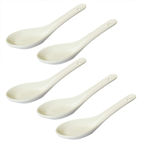 5 pcs Asia Porcelain Soup Spoon Ceramic Rice Spoons Chinese Won Ton Spoons for Home, Kitchen, or Restaurant, White...