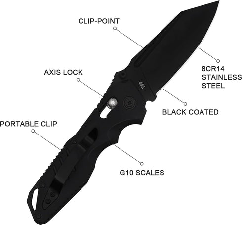 Pocket Folding Knife for Men: 3.93" Stainless Steel All Black Blade, Axis Lock, G10 Scales with Clip, EDC Knives Great for Outdoor, Camping, Hikin...