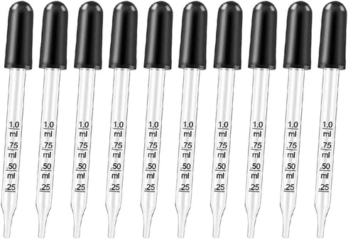 10 Pcs 1ml Straight Tip Droppers Glass Eye Droppers Liquid Measuring Droppers Lab Dropping Pipettes Essential Oil Droppers with Black Rubber Head...