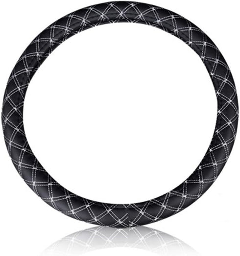 Odorless Quilted Stitching Pattern Leather Car Steering Wheel Cover-Black with White…...
