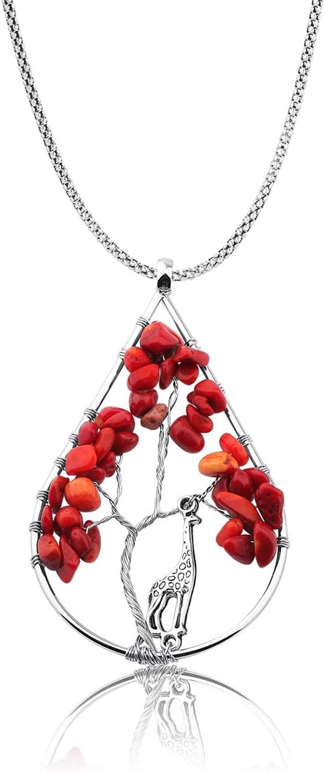 Zuo Bao Handmade Wire Wrapped Quartz Chips Tree Teardrop Pendant Necklace with Giraffe/Healing Jewelry Gift for Family (Garnet with Giraffe)...