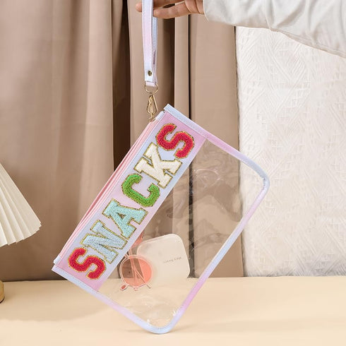 Women Chenille Letter makeup Bags PVC Transparent Cosmetic Case Waterproof Beach Sunscreen Bag Portable Travel Snack Zipper Pouches (SNACKS)...