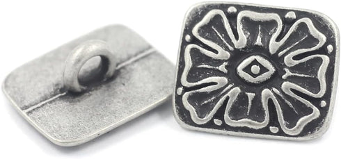 Bezelry 12 Pieces Rectangle Ice Flower Metal Shank Buttons 18mm (11/16 inch) (Antique Silver)...