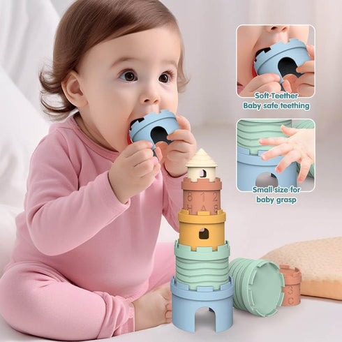 Silicone Stacking Castle Toy, Soft Teether Toy, Montessori Educational Toy for Babies and Toddlers, 6+ Months, BPA Free, 5 Piece Set...