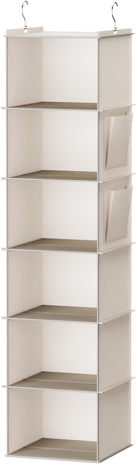 Hanging Closet Organizer, 6-Shelf Closet Hanging Storage with Side Pockets, Beige...
