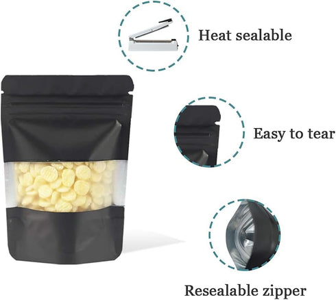 PABCK 100 Pcs 3.9x5.9 inch Matte Black Resealable Stand Up Bags with Window Heat Seal Bulk Food Storage Packaging Foil Pouches...