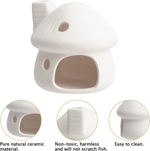 AnRui Fish Tank Decortation Cute Ceramic Mushroom Mini House Aquarium Decor Betta Cave Hideout Ornament Accessories for Small Fish, Shrimp, White...