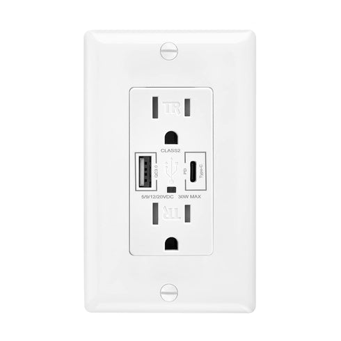 Maxxima 15A USB Wall Outlet Receptacle, 30W Power Delivery QC 3.0 Type-C/A w/ 2 Standard Outlets, High Speed Charging for Smart Devices, Duplex Re...