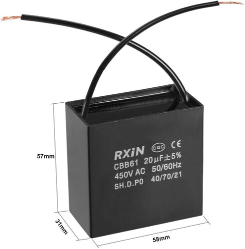 uxcell Ceiling Fan Capacitor CBB61 20uF 450V AC 2 Wires Metalized Polypropylene Film Capacitors 58x31x57mm for Water Pump Motor Generator...
